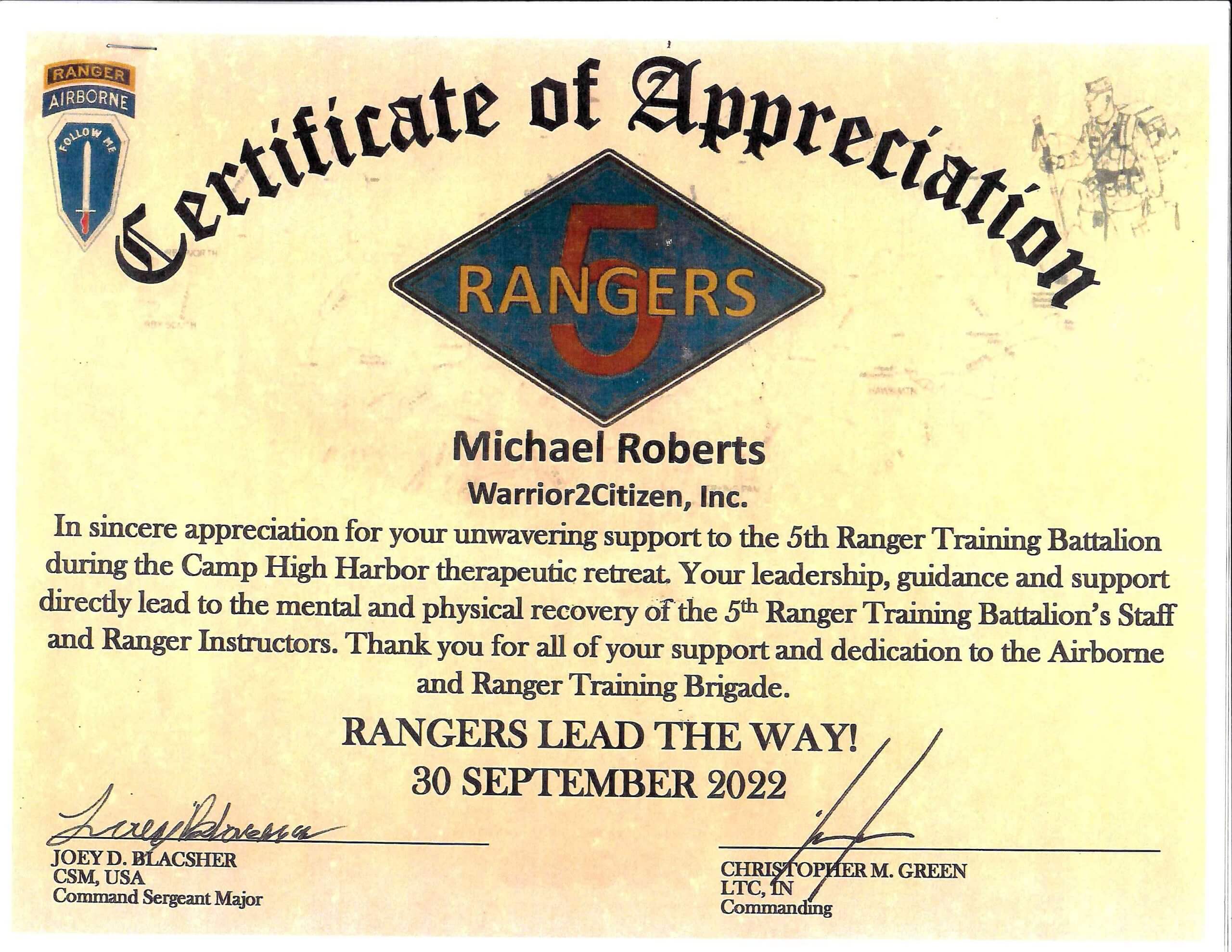 5th Ranger Training Btn recognizes W2C for their contribution